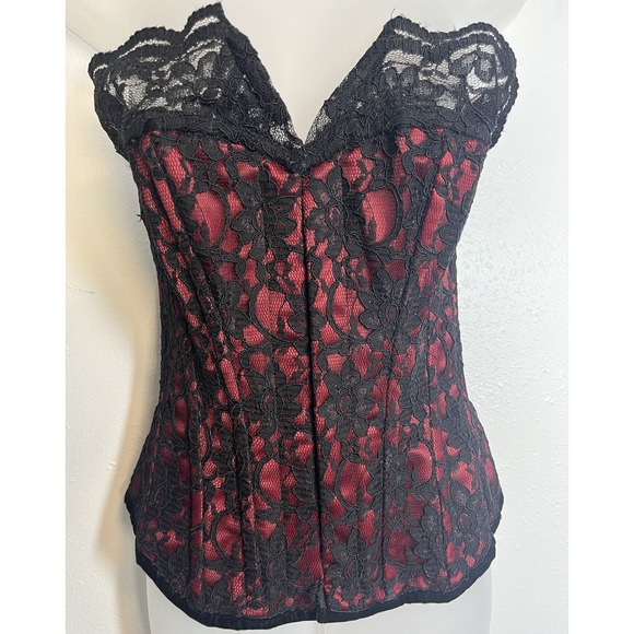VOLLERS Corset Sz 36 EUR 24 US Red Satin Black Lace XS to M Cinch Up Romantic